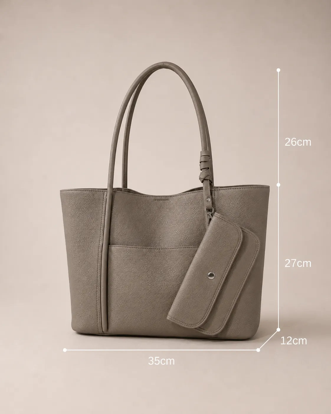 Dimensions view of the Vivienne large Togo leather tote bag in elephant grey showing 35 cm width, 27 cm height, 12 cm depth and 26 cm handle drop.
