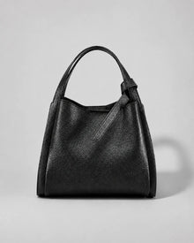 Front view of the Amelia Leather Tote Bag in Black genuine leather featuring a timeless minimalist silhouette for everyday use.