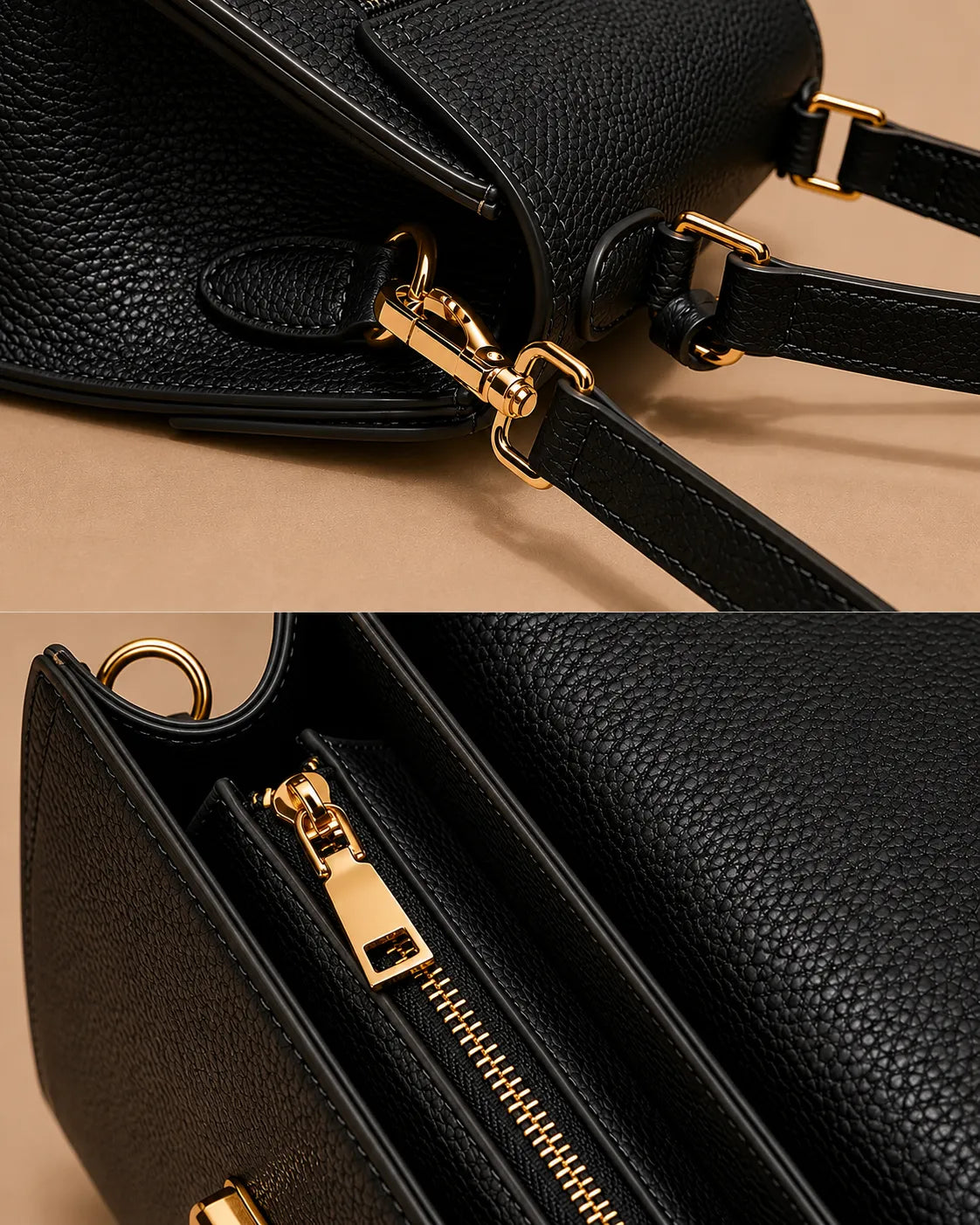 Close-up detail of the Beatrice genuine leather top handle bag in black showcasing premium gold-tone hardware, detachable shoulder strap attachment and zippered interior compartment.