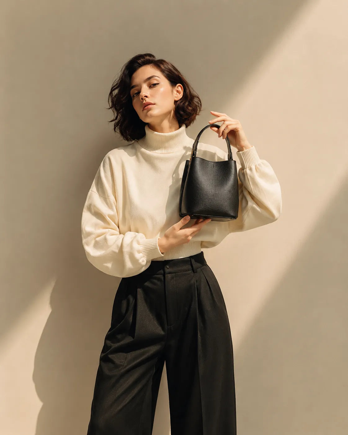The Bonnie Elephant Gray genuine leather handbag showcased by model. Elegant women's leather bag with a structured silhouette and timeless minimalist design.