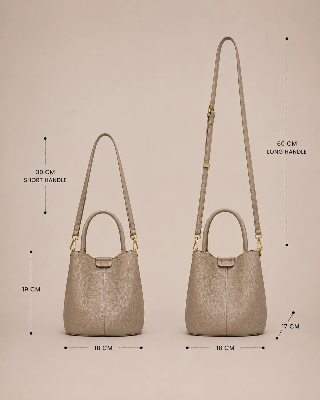 Charlotte leather bucket bag in elephant gray with dimensions shown: 18 cm width, 19 cm height, 17 cm depth, 30 cm short handle and 60 cm long handle.