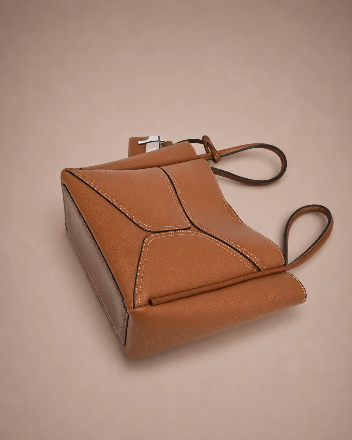 Bottom view of the Delphine Leather Shoulder Bag in Cookie genuine leather highlighting the reinforced base, structured shape and premium leather craftsmanship designed for everyday elegance.
