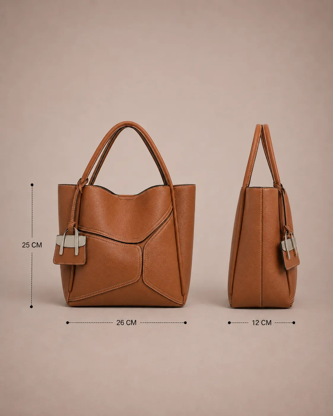 Delphine Leather Shoulder Bag dimensions showing 26 cm width, 25 cm height and 12 cm depth. Structured genuine leather statement handbag with top handles and removable 60 cm shoulder strap by Malena London.