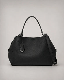 Front view of the Eliza genuine leather shoulder bag in Black featuring a softly structured silhouette, removable shoulder strap, adjustable crossbody strap, silver-tone hardware and premium pebbled leather by Malena London.