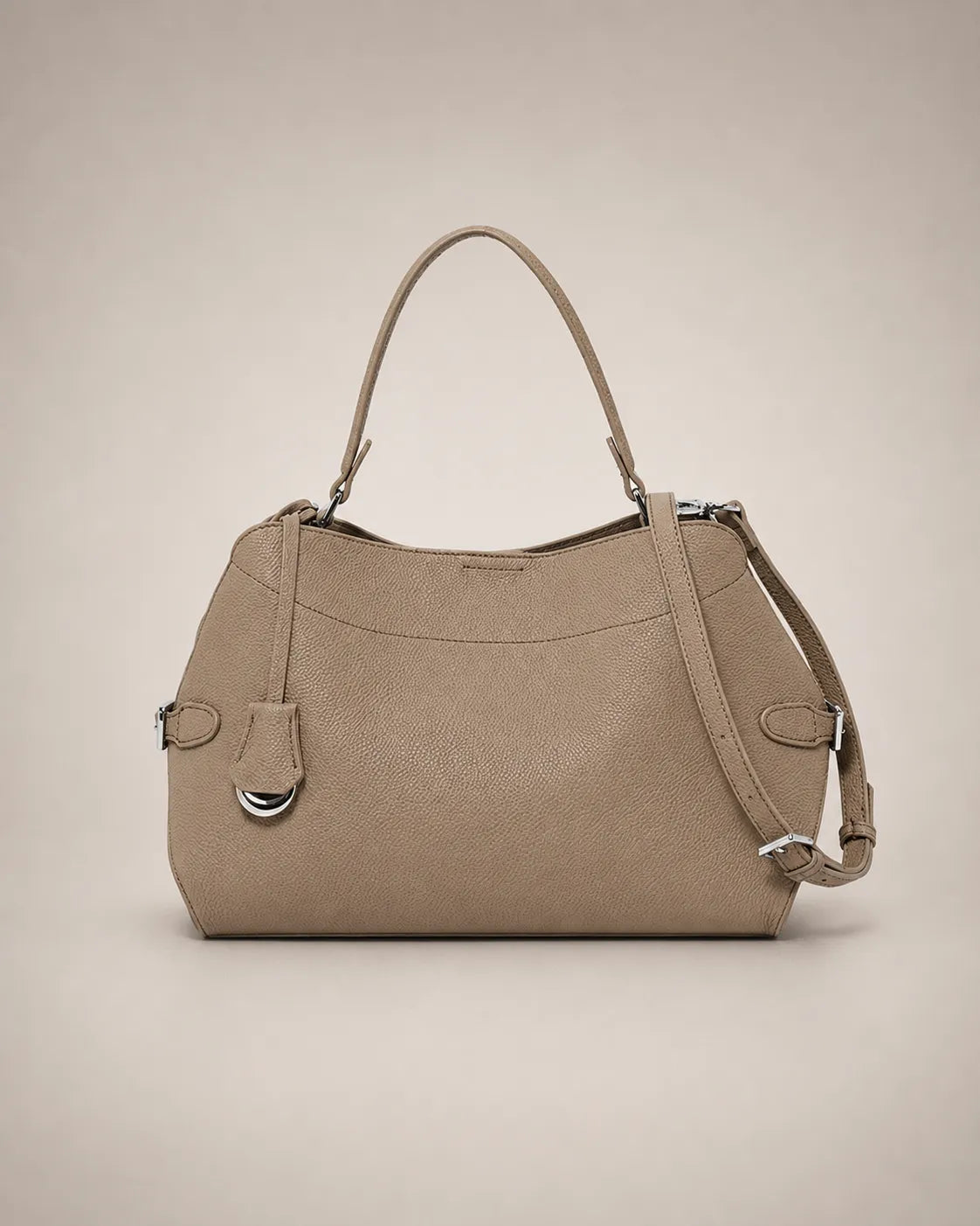 Front view of the Eliza genuine leather shoulder bag in Camel featuring a softly structured silhouette, removable shoulder strap, adjustable crossbody strap, silver-tone hardware and premium pebbled leather by Malena London.