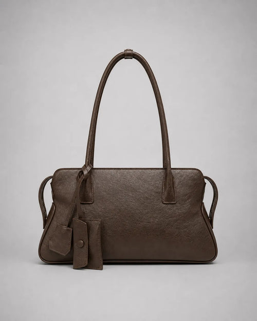 Georgia leather shoulder bag in Dark Chocolate genuine leather front view featuring a soft structured silhouette, double shoulder straps, decorative leather charms and zip-top closure from the Soft Structure collection by Malena London.