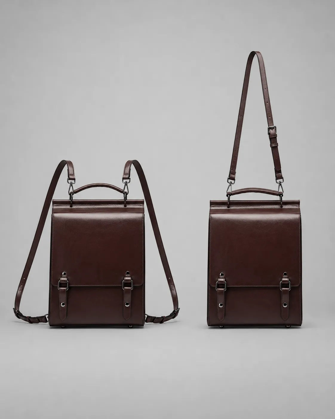 Heritage Leather Backpack in Dark Chocolate genuine leather displayed showing backpack and shoulder bag carrying options with adjustable straps and structured silhouette.