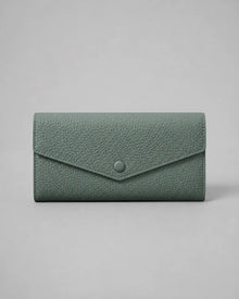 Leather Envelope Wallet in Almond Green genuine leather featuring an elegant envelope flap design, textured leather finish and snap button closure. Women's leather wallet by Malena London.