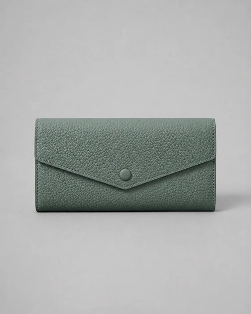 Leather Envelope Wallet in Almond Green genuine leather featuring an elegant envelope flap design, textured leather finish and snap button closure. Women's leather wallet by Malena London.