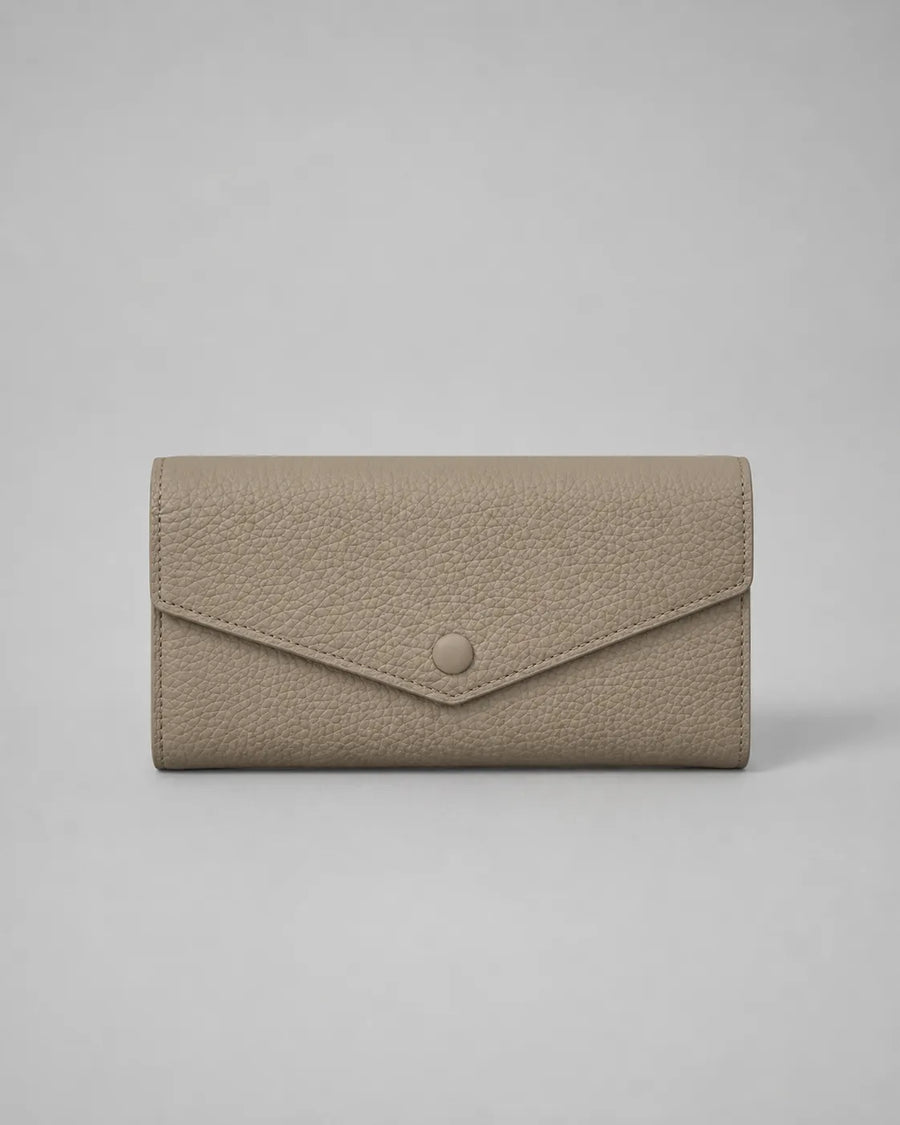 Leather Envelope Wallet in Elephant Gray genuine leather featuring an elegant envelope flap design, textured leather finish and snap button closure. Women's leather wallet by Malena London.