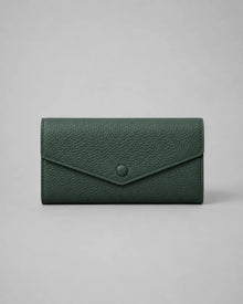 Leather Envelope Wallet in Forest Green genuine leather featuring an elegant envelope flap design, textured leather finish and snap button closure. Women's leather wallet by Malena London.