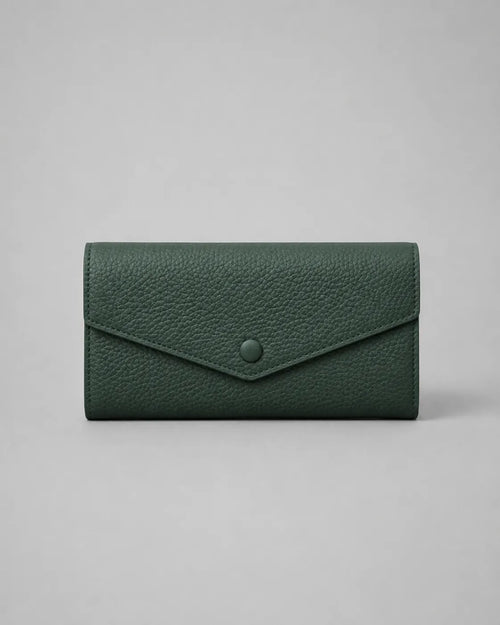 Leather Envelope Wallet in Forest Green genuine leather featuring an elegant envelope flap design, textured leather finish and snap button closure. Women's leather wallet by Malena London.