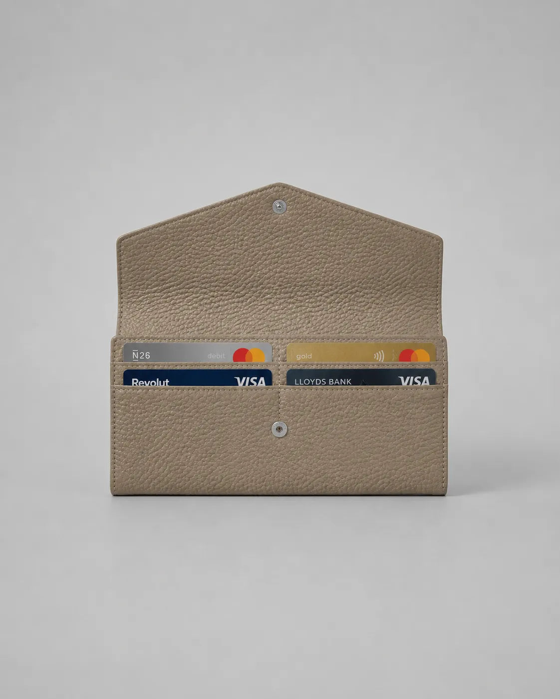 Leather Envelope Wallet opened to reveal multiple card slots, organised storage compartments and premium genuine leather construction in Elephant Gray. Women's wallet by Malena London.
