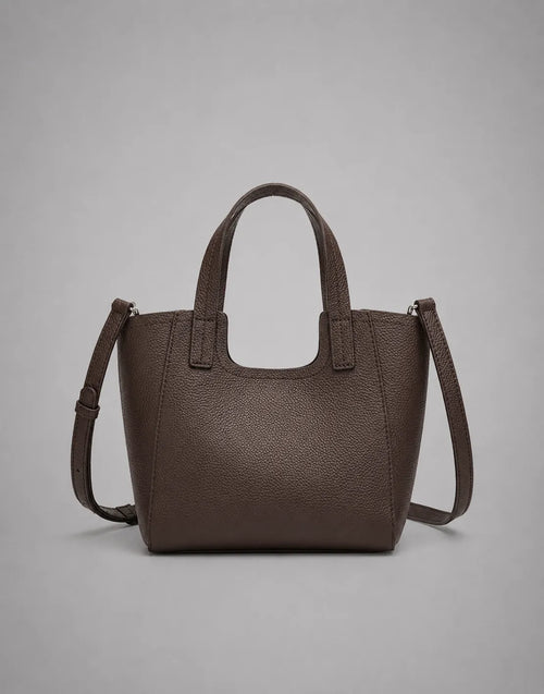 Louise genuine leather tote bag in dark chocolate leather with structured silhouette and detachable shoulder strap.