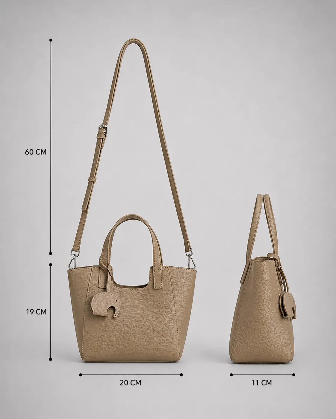 Louise genuine leather tote bag size guide showing dimensions, bag height, width, depth and adjustable shoulder strap length.