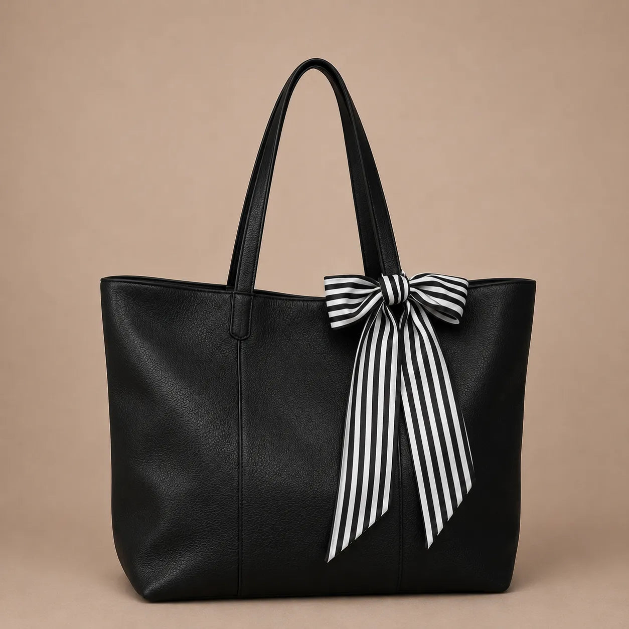 Striped silk scarf styled on a black leather tote bag for refined handbag customisation by Malena London