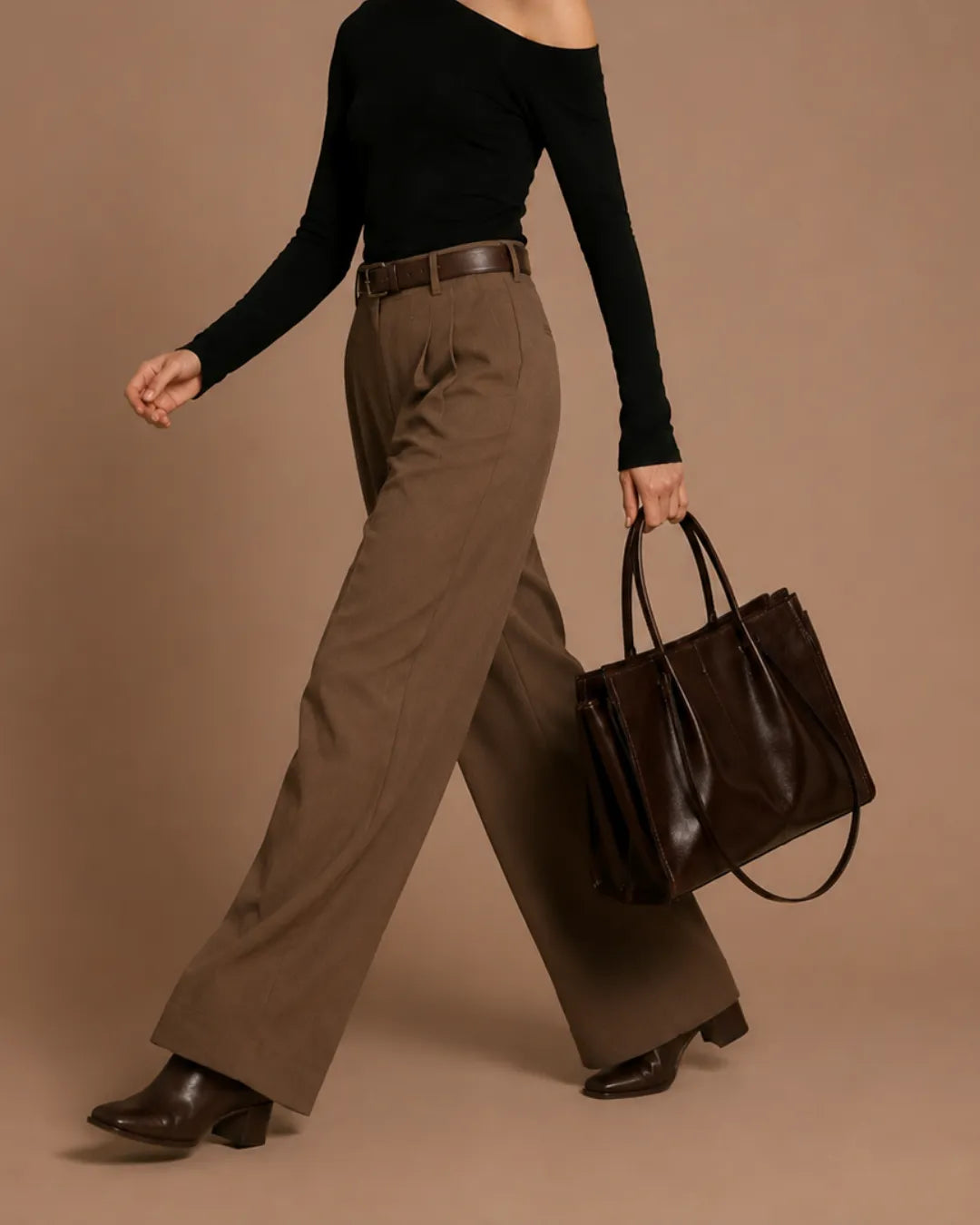 Model walking with The Edith dark chocolate genuine leather tote bag, showcasing its structured silhouette, spacious interior and elegant design for work, commuting and everyday city style.
