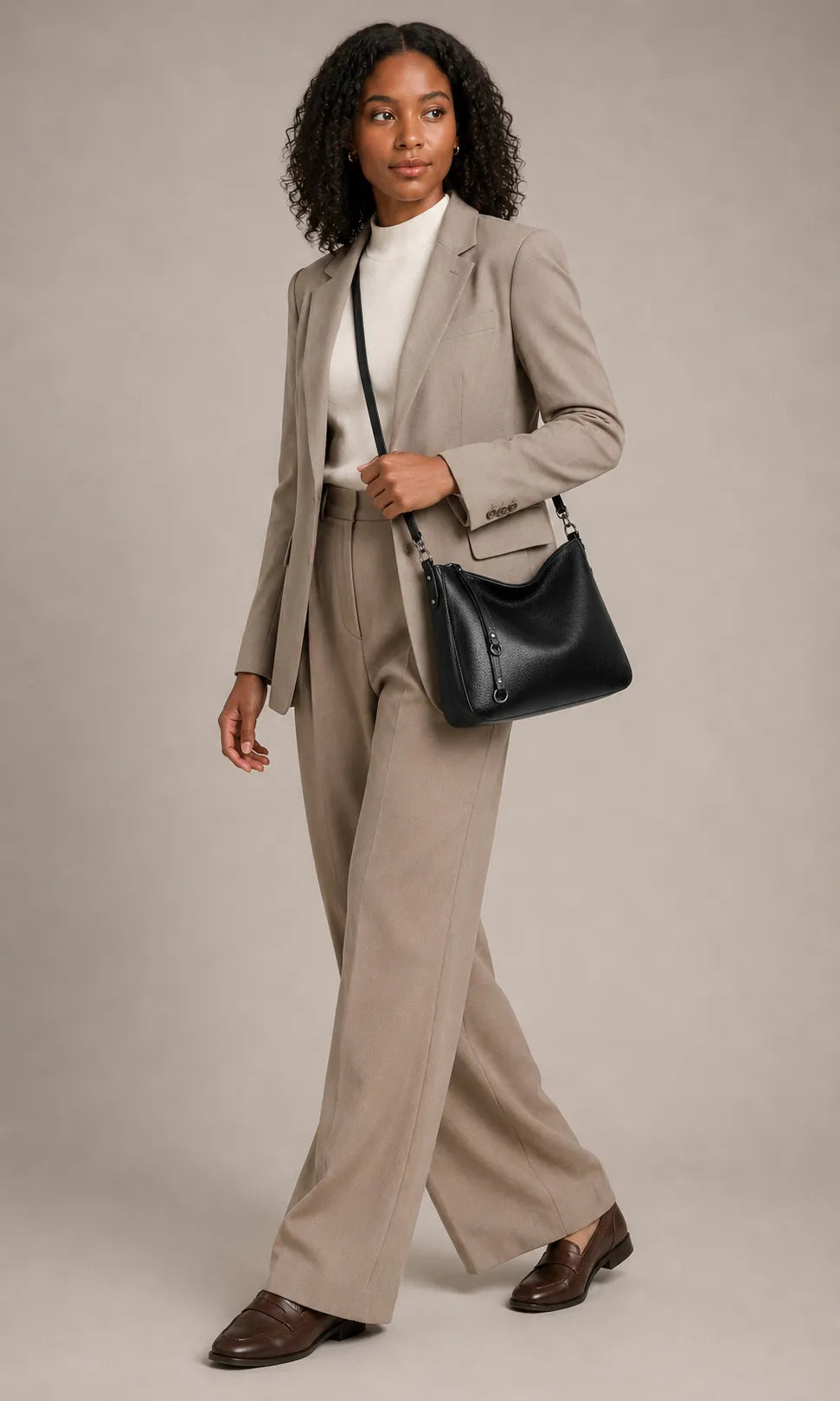 Woman wearing the Noémie soft genuine leather hobo shoulder bag in black crossbody while walking, full-length view.