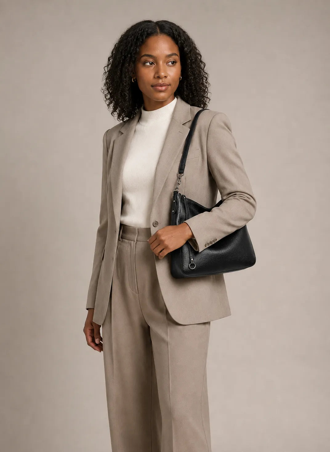 Woman wearing the Noémie soft genuine leather hobo shoulder bag in black on the shoulder.