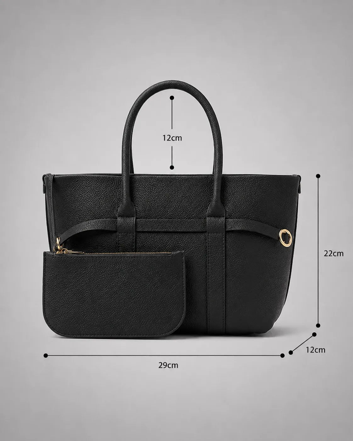 Dimensions view of the Rose Leather Tote Bag in Black genuine leather, measuring 29 cm width, 22 cm height and 12 cm depth with matching detachable pouch included.
