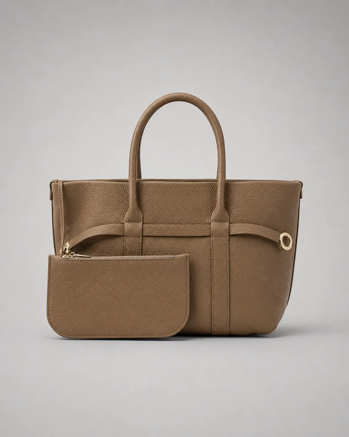 Rose Leather Tote Bag in Brown genuine leather shown from the front with matching detachable pouch, featuring a structured silhouette, premium pebbled leather and elegant gold-tone hardware.