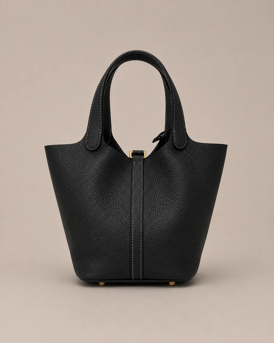Back view of Scarlett genuine leather bucket tote bag in black leather showcasing clean minimalist design