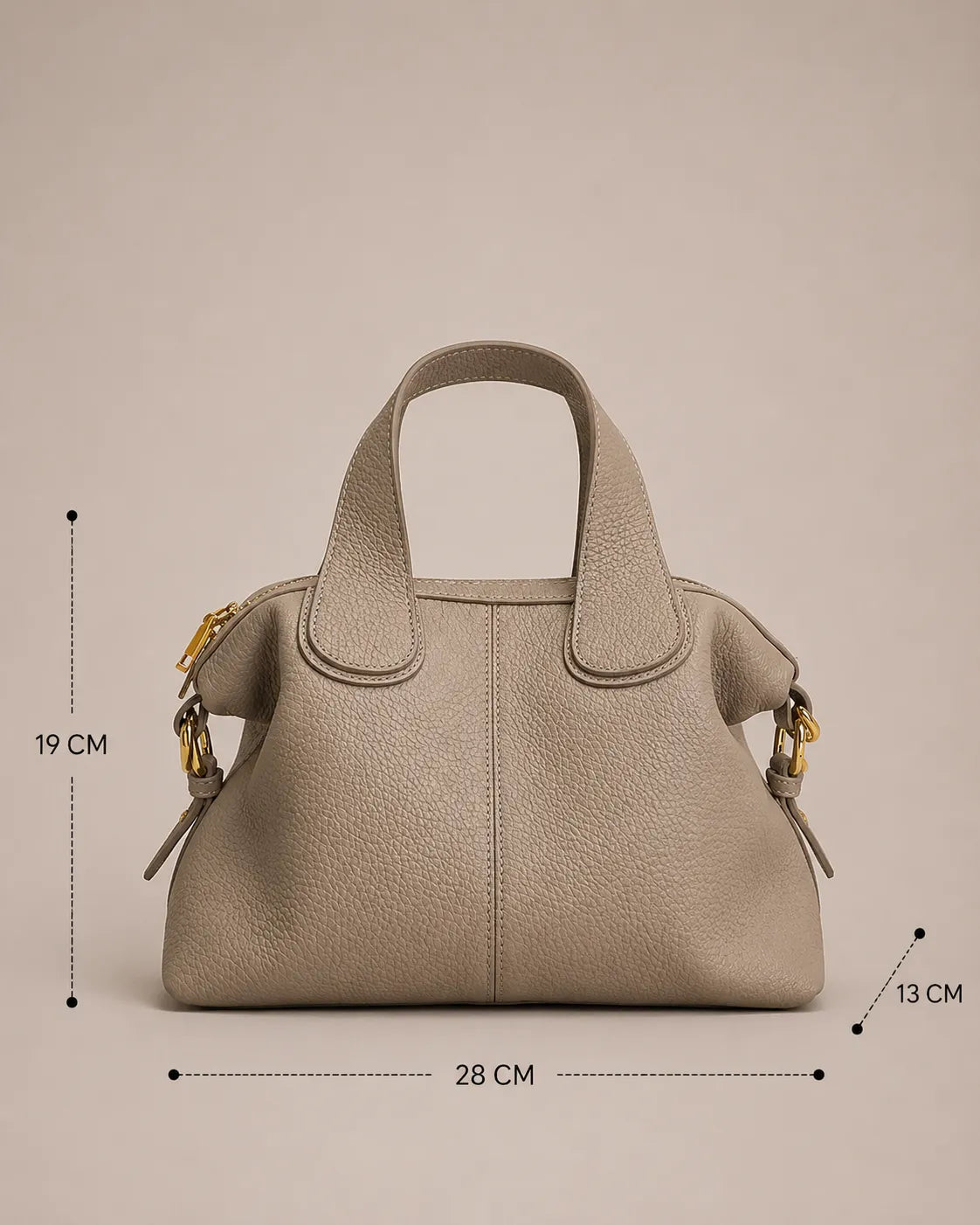 Victoire leather dumpling bag dimensions in Elephant Gray genuine leather featuring 28 cm width, 13 cm depth and 19 cm height, designed for everyday essentials, work-to-evening styling and versatile daily use.