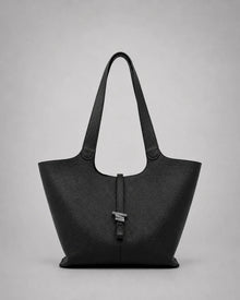 Victoria genuine leather work tote bag in black displayed from the front, featuring a spacious silhouette, elegant shoulder straps and a refined minimalist aesthetic.