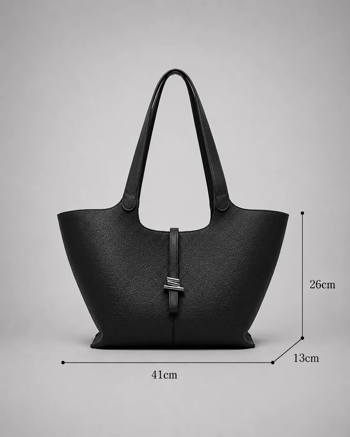 Victoria genuine leather work tote bag size guide showing dimensions of 41 cm width, 26 cm height and 13 cm depth for everyday commuting and daily essentials.