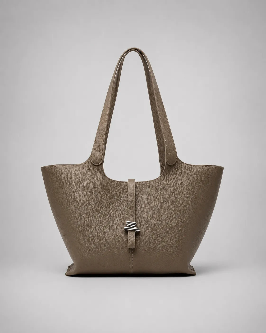 Victoria genuine leather work tote bag in Elephant Gray displayed from the front, featuring a spacious silhouette, elegant shoulder straps and a sophisticated city-inspired design.
