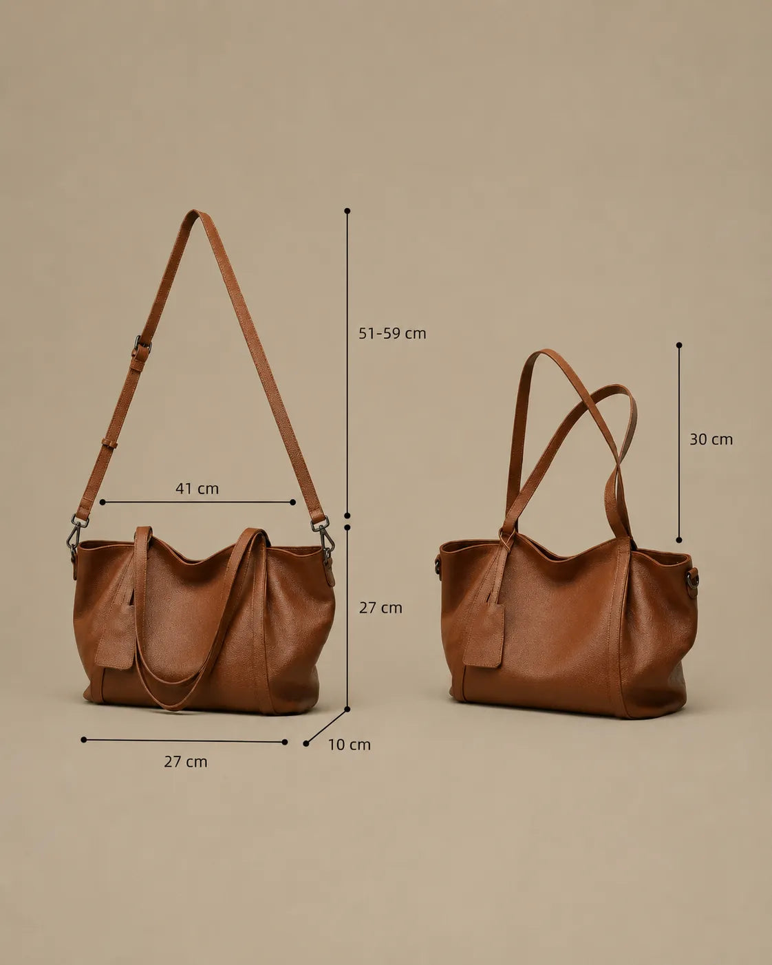 Viney genuine leather tote bag in Brown showing dimensions, adjustable shoulder strap length, top handle drop, width, height and depth measurements from The City Edit collection by Malena London.
